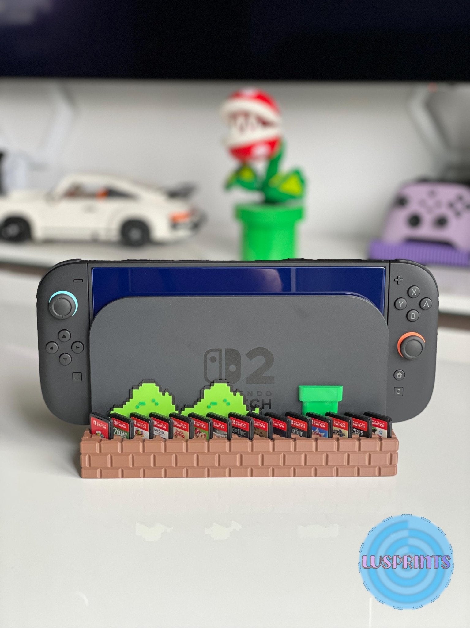 Detailansicht des 3D-gedruckten Retro Brick Designs des Spielhalters, Textur sichtbar.