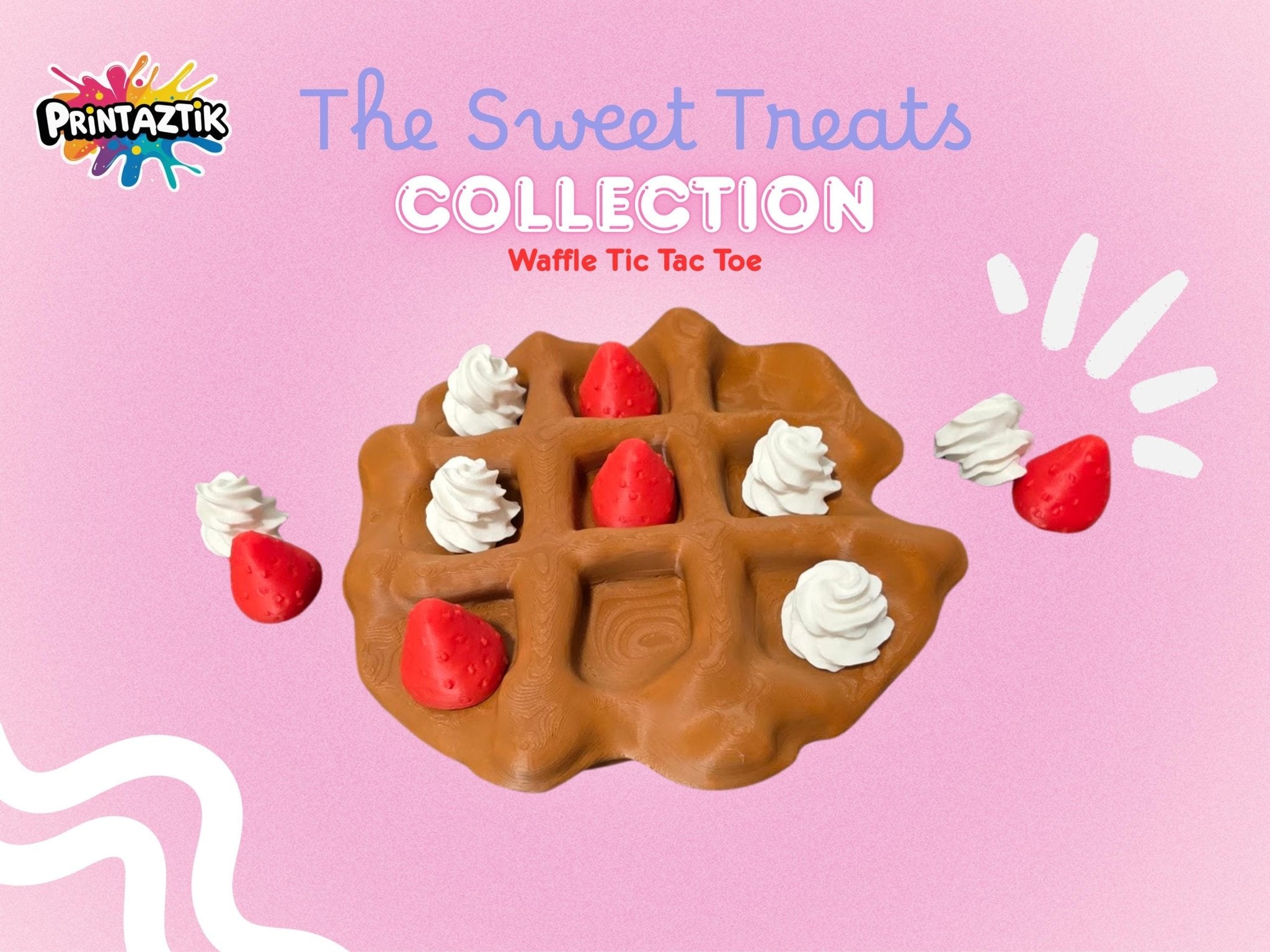 3D Waffel Tic Tac Toe Spiel aus PLA mit Erdbeer- und Sahnefiguren, handgemacht von Printaztik, Deko und Geschenkidee