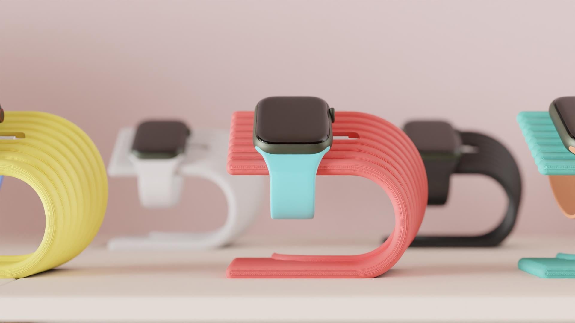 Apple Watch auf stilvollem Ladehalter mit geschwungenem Design